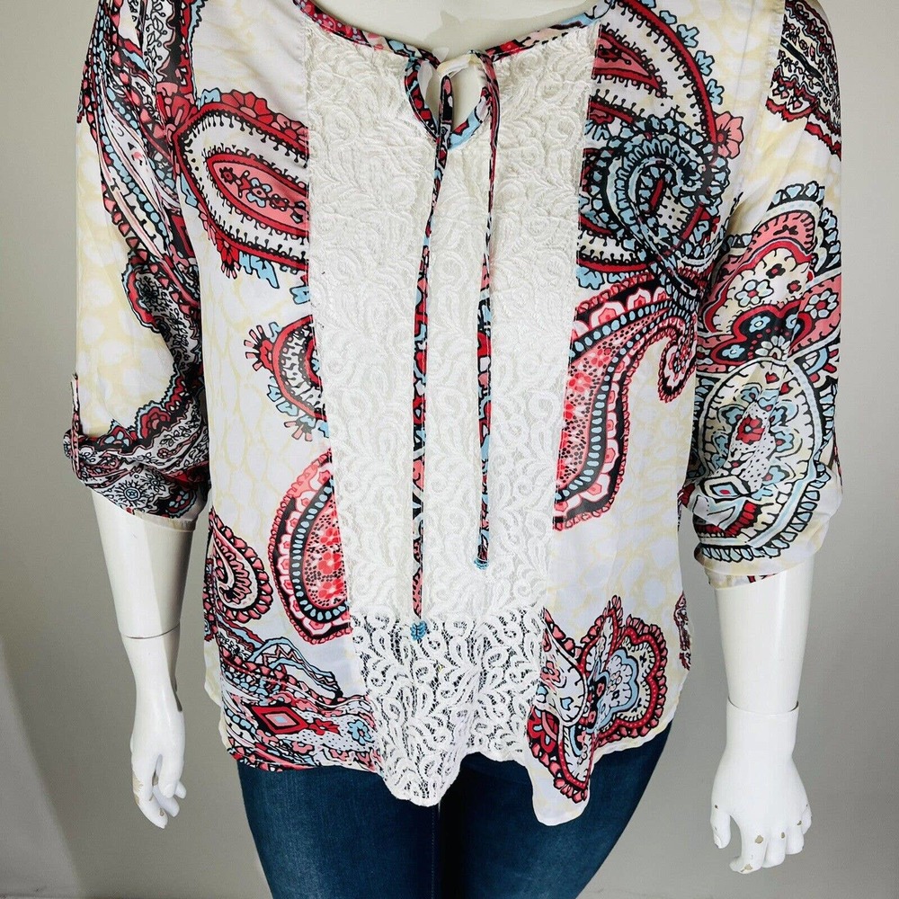 Multiples Womans Sz Large Red Paisley Neck 3/4‎ Sleeve Tie Neck - Picture 5 of 8